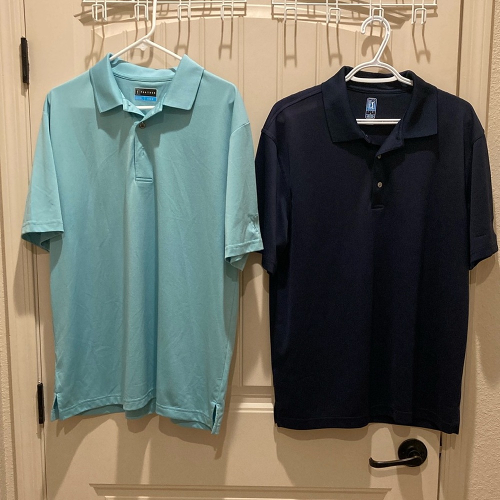 PGA Tour Golf Polo Shirts Lot of 2 Mens Size Lg One Dark & One Light Blue *Flaw*